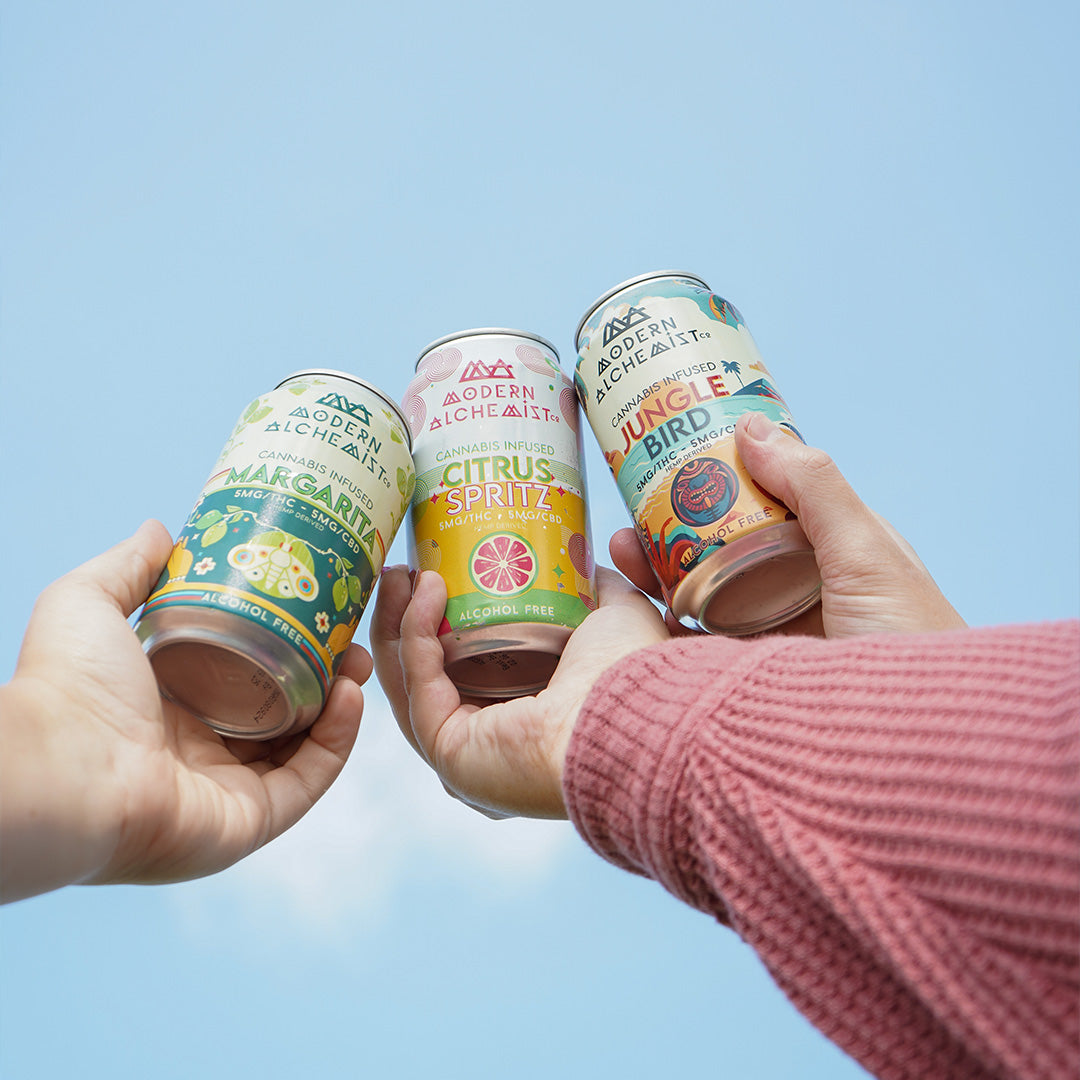 People holding cans including Modern Alchemist Citrus Spritz Cannabis Infused Mocktail. Alcohol free.